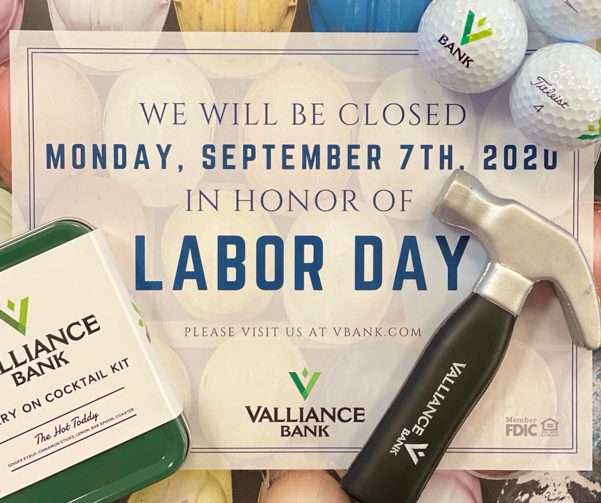 VallianceBank's tweet photo. Our goal is to do as little labor as possible this holiday weekend! We will be closed this coming Monday, September 7th in honor of Labor Day. We will resume normal business hours on Tuesday. Enjoy your long weekend! #laborday #vbank https://t.co/8AyN5GmgMQ