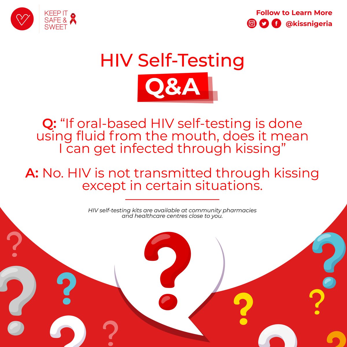 kissnigeria's tweet photo. The answer is NO.
 
HIV is not spread through kissing.
 
However, you can get infected with HIV if you kiss an infected person who has sores in their mouth or bleeding gums.
 
#keepitsafeandsweet #gettesting #privacyishere #hiv #hivaids https://t.co/8lXt2VDzCF