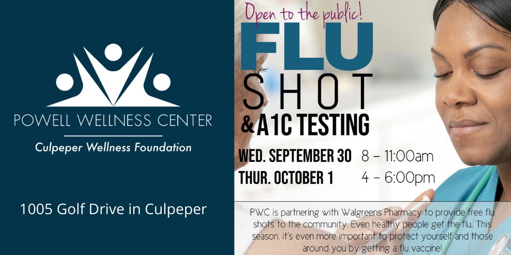 PWC_Culpeper's tweet photo. We're hosting flu shots &amp; A1C testing 9/30 &amp; 10/1, no appt needed; details https://t.co/AknXgpuKSL https://t.co/PdKA1S5kGP