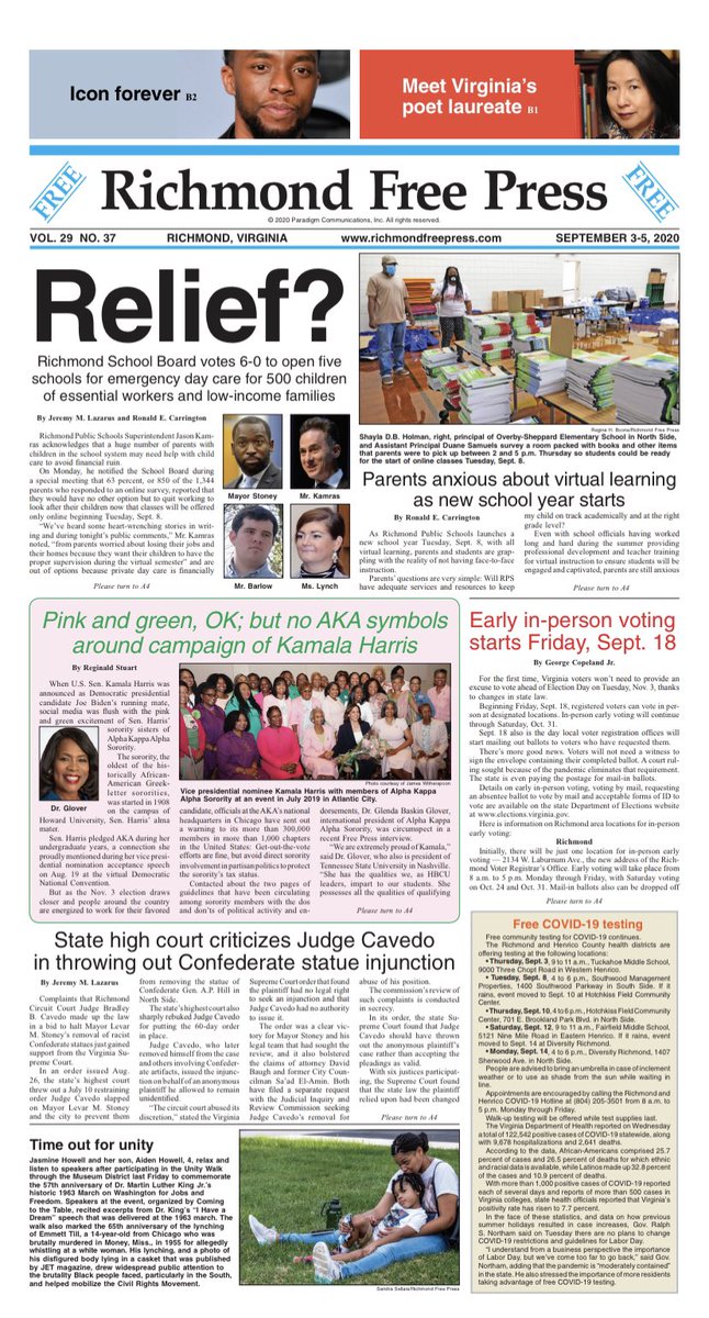 FreePressRVA's tweet photo. Happy Thursday! Our new edition is on the streets and online. We’ve been in print since 1992 when Ray & Jean Boone moved back to Richmond to start this weekly newspaper. We are here for you! #Read #support #community #tipusoff #advertise #BlackPress #RichmondVa @NNPA_BlackPress https://t.co/SsO4qwPr7U
