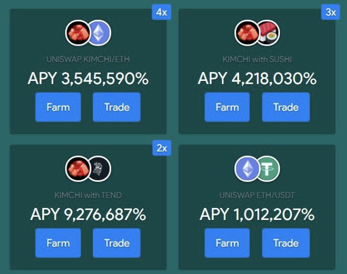 10/17 "There’s a new DeFi project called Hotdog...There’s also Kimchi, Noodle, and Harvest, & they all sprung up in the past day or two.But what’s more impressive: Some claim to offer yields in the seven figures. That’s 1,000,000% APYs. Yes: Million....Image:  @RougeVert4