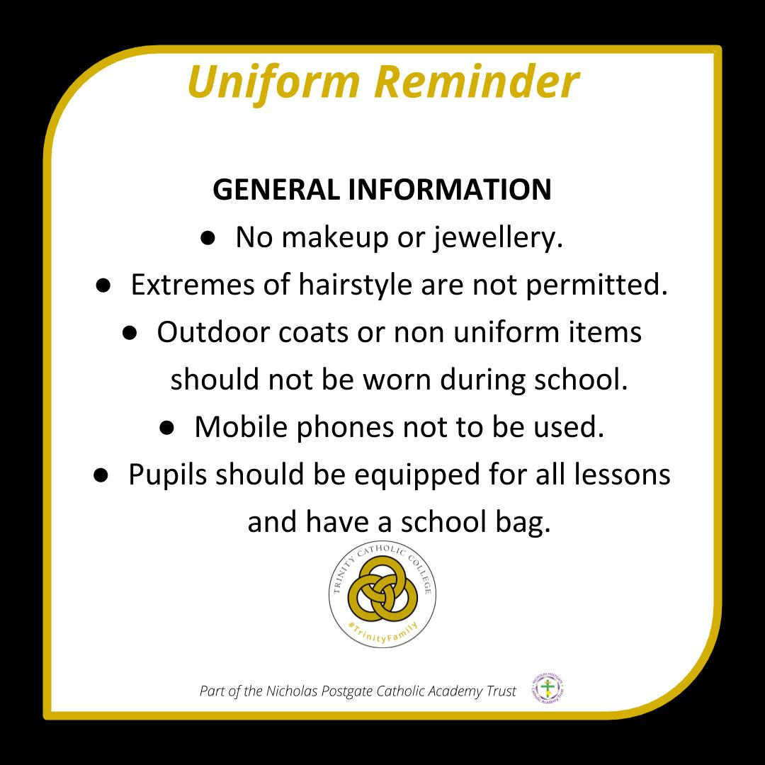 trinityccnews's tweet photo. May we remind parents and carers that uniform is compulsory and must adhere to the expected standards. 

If you have any genuine issues around uniform please contact your House pastoral team on 01642 298100

#trinityfamily #proud #looksmartbesmart #uniformrules #highstandards https://t.co/9toGFDVAUL