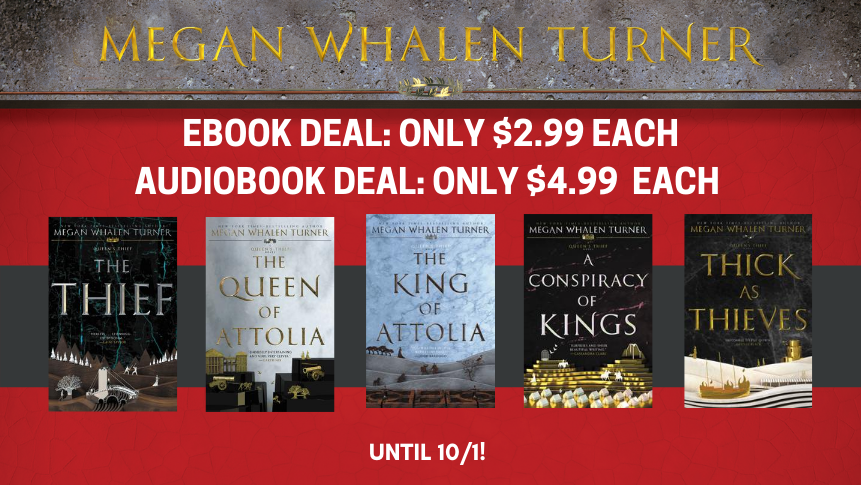  Deal alert! The first five books in the Queen's Thief series by Megan Whalen Turner are on sale in ebook and audiobook!Check them out here:  https://www.epicreads.com/series/queens-thief/