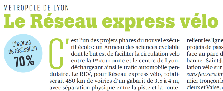 LyonAVelo's tweet photo. @Fabien_Bagnon @tribunedelyon Réseau Express Vélo dans @tribunedelyon qui estime les chances de réalisation à 70% https://t.co/JmHOb4wZUD