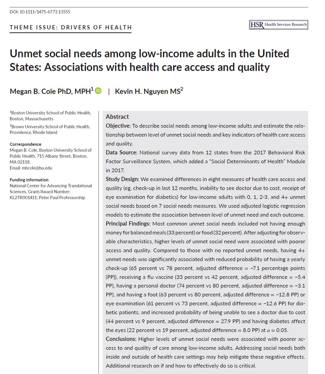 Out in @HSR_HRET, @KevinHNguyen18 and I find higher levels of unmet social needs were associated with poorer access to and quality of care among low‐income adults in the US <a href="/BUSPH/">Boston University School of Public Health</a> <a href="/BUSPH_HLPM/">BUSPH HLPM</a> <a href="/Brown_SPH/">Brown University School of Public Health</a> <a href="/BrownHSPP/">Health Services, Policy & Practice Department</a> #SDOH #healthequity 

onlinelibrary.wiley.com/doi/full/10.11…