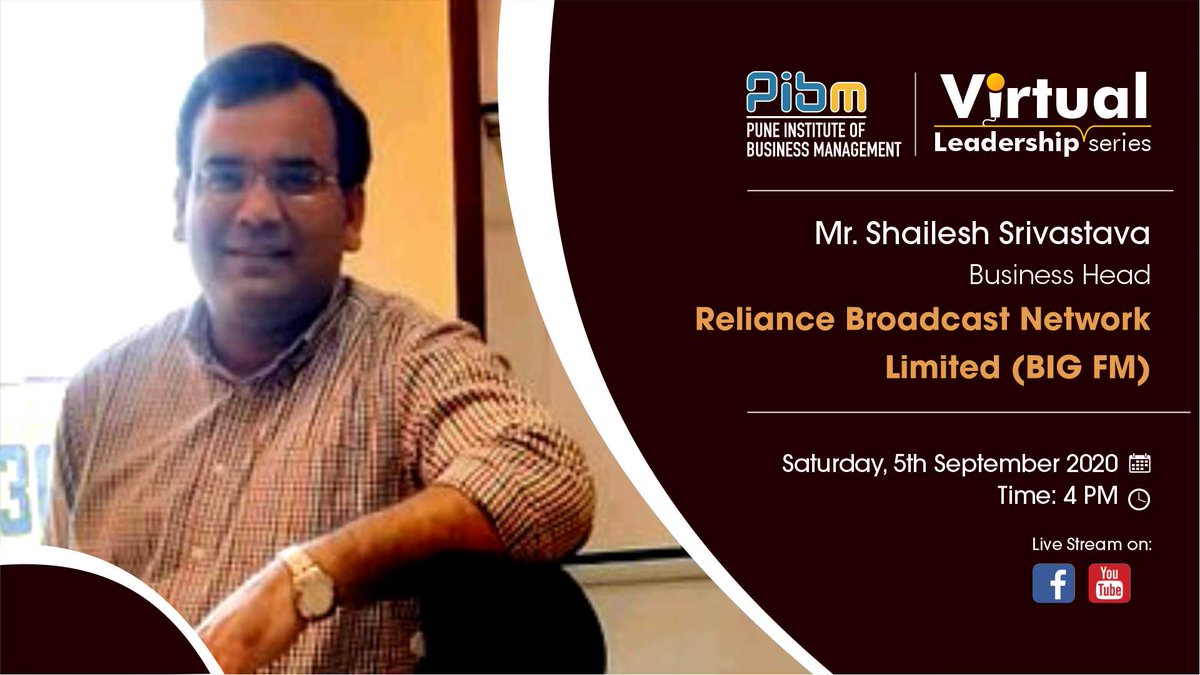 PunePIBM's tweet photo. PIBM has organized a webinar tomorrow featuring Mr. Shailesh Srivastava, Business Head at Reliance Broadcast Network Ltd. (Big FM). Stay tuned to watch live.
#BigFM #RelianceBroadcastNetworkLtd #VirtualLeadershipSeries #Webinar #LiveStream #PIBMPune #MasterwithPIBM https://t.co/zTiZC6mW98