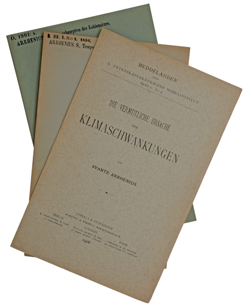 incunabula's tweet photo. First printings of Svante Arrhenius’ three landmark papers on climate change - 1896, 1901 &amp; 1906:

Über den Einfluss des [...] Kohlensäuregehalts auf die Temperatur der Erdoberfläche.
Über die Wärmeabsorption durch Kohlensäure [...]
Die vermutliche Ursache der Klimaschwankungen. https://t.co/9h8cfXMds2