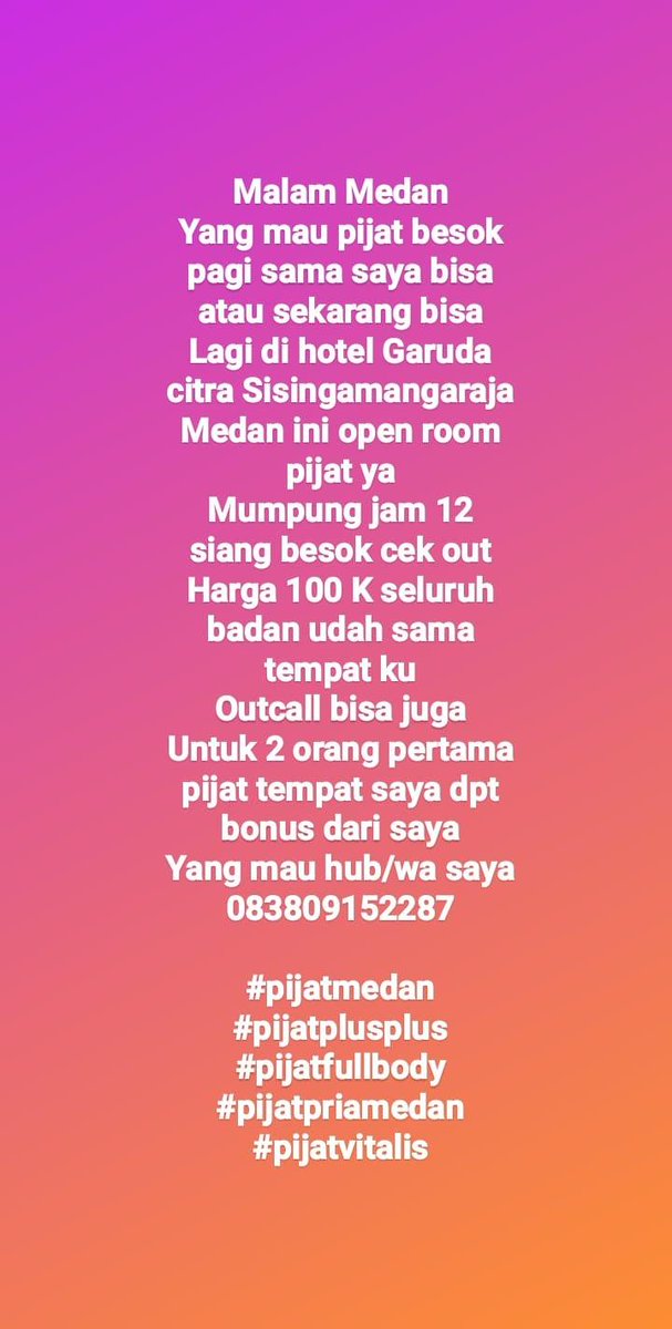 afdienrizky96's tweet photo. Yang minat pijat full body chat ke WhatsApp saya ya 083809152287
Untuk 3 orang pertama aja besok pagi dpt bonus dari saya dan tempat saya
Yuk serbu bonus ya
#pijatmedan #pijatplusplus #pijatpria #PijatFullbody #pijatvitalitas #pijatkesegaran https://t.co/mrg7sDMnzP