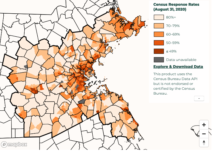 MAPCMetroBoston's tweet photo. The federal government will conclude the #2020Census a full four weeks earlier than planned, on 9/30. Our September #dataviz shows Census response rates as of 8/31, ranging from over 85% to less than 40% in some tracts

Check out the interactive map here: https://t.co/orze20Niym https://t.co/QYRsn1Kau6