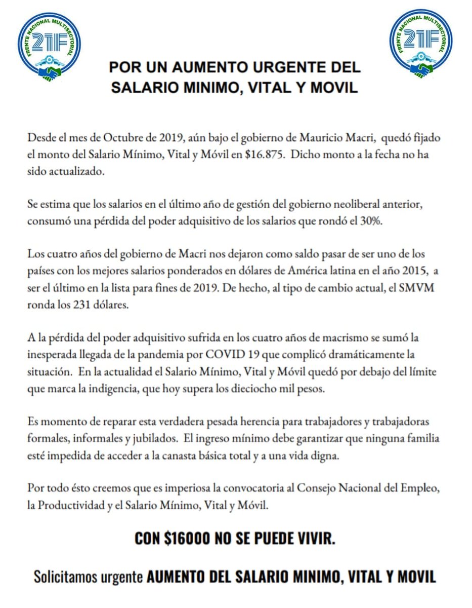21fComuna's tweet photo. #AumentoUrgenteSMVM #QuePaguenLasGrandesFortunas
Por estos motivos la Multisectorial 21F inicia la campaña por el aumento urgente del Salario Mínimo, Vital y Móvil
Con $16.000 NO SE PUEDE VIVIR
#NadieSeSalvaSolo #ArgentinaUnida https://t.co/htqq07WyWC