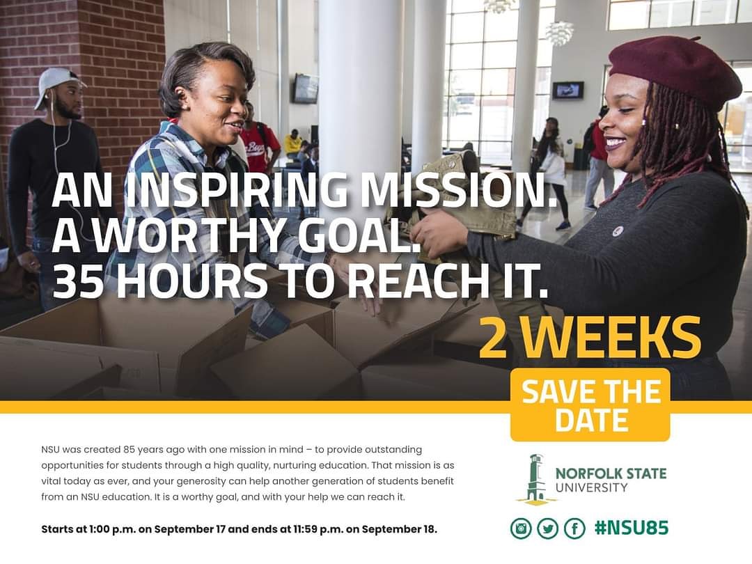 nsuoarag's tweet photo. We're just two weeks away from the launch of the 35 Hours of Giving in honor of Norfolk State University's 85th Anniversary! Make sure you save the date for this special occasion.

 #nsu85 #nsuoarag #nsualumni #norfolkstateuniversity #nsu https://t.co/V25zBeZVI7