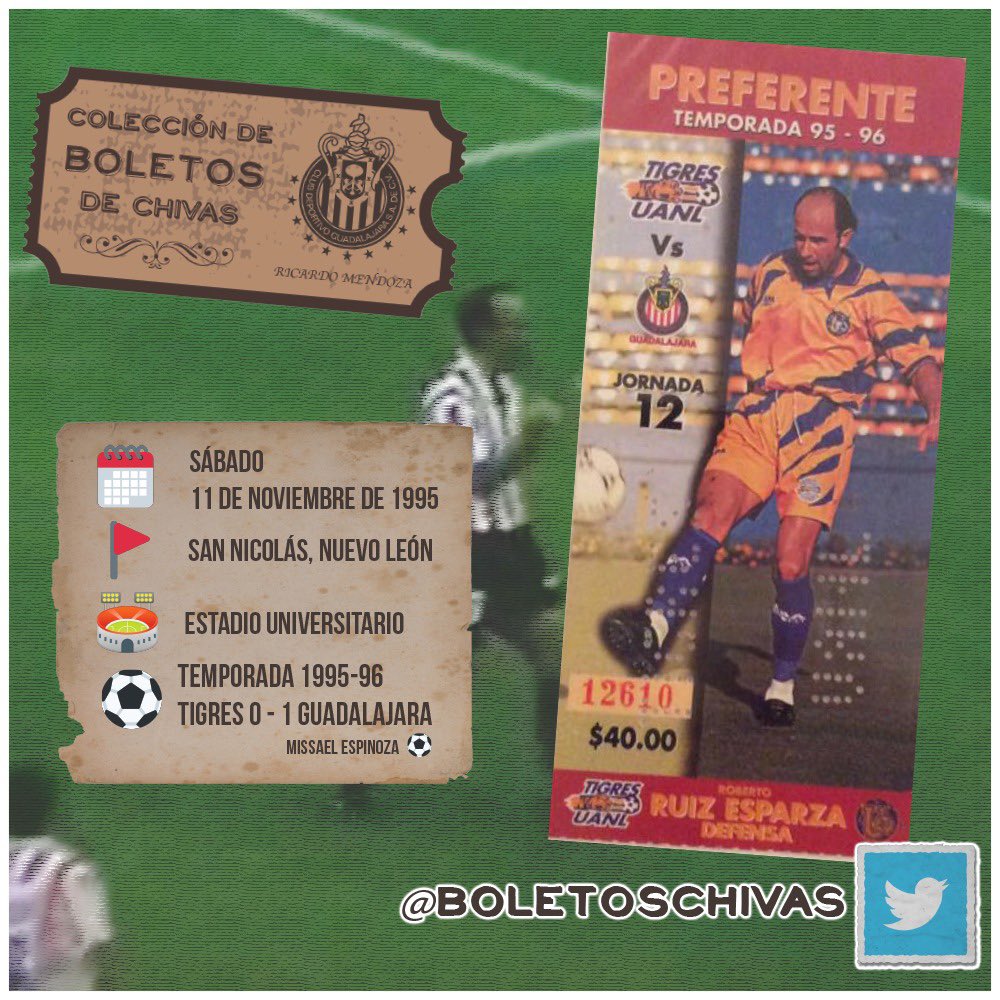 🎫 Con un verdadero golazo de <a href="/missagol15/">Missael Espinoza</a>, <a href="/Chivas/">CHIVAS</a> derrotó a domicilio a <a href="/TigresOficial/">Club Tigres 🐯</a> 0-1, fue en la temporada 1995-96 🎟️

🎟️📸 El boleto es parte de la colección de <a href="/Miranda16403434/">Miranda</a>