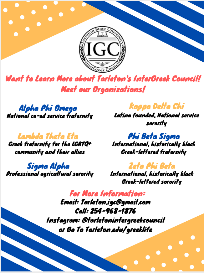 Have you thought about joining one of the organizations that belong to the InterGreek Council? Join us on Tuesday, September 8th at 6pm for Trivia Night!
RSVP here: texansync.tarleton.edu/submitter/form…
