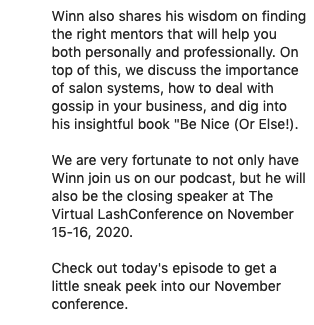 WinnClaybaugh's tweet photo. Such an honor to be featured on the #LashCast Podcast! We discussed the right mindset for getting through difficult times (like Covid-19), finding mentors, the importance of systems, dealing with gossip, and more! Now playing on Apple Podcast: https://t.co/iqHdi5pSFT https://t.co/RMtkAFz4D8