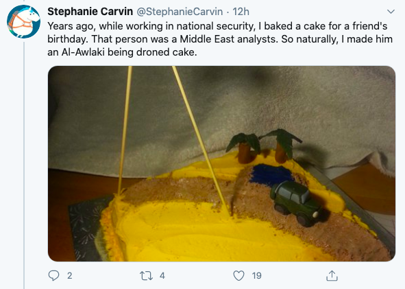 Just to be clear, the problem with the drone murder cake isn't that it was "in poor taste" or a bad joke that didn't land. It's that Brown people and Muslims are the victims of a lawless system of mechanized death from above, and that they are so dehumanized as to be a punchline.