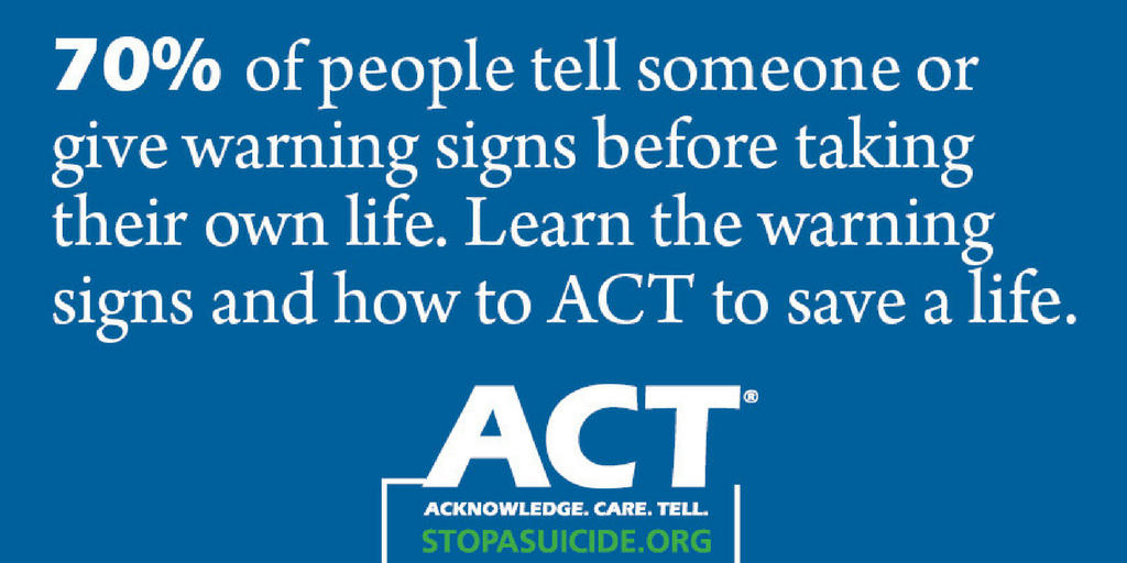 piratecounsel's tweet photo. Hey, #Pirates. September is #SuicidePreventionAwarenessMonth. CHS has adopted the SOS - Signs of Suicide program and will be rolling out classroom and parent presentations soon. Remember to A-C-T when you are concerned about someone. @CrandallHS https://t.co/LWvRMNH81s