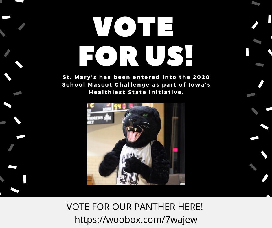 Hello Panther followers! We need your help! We have been entered into the 2020 Iowa Healthiest State Mascot Challenge again this year.  The winner will receive $1,000!  We believe with your help, we can win! Go Vote! GO PANTHERS!!   woobox.com/7wajew