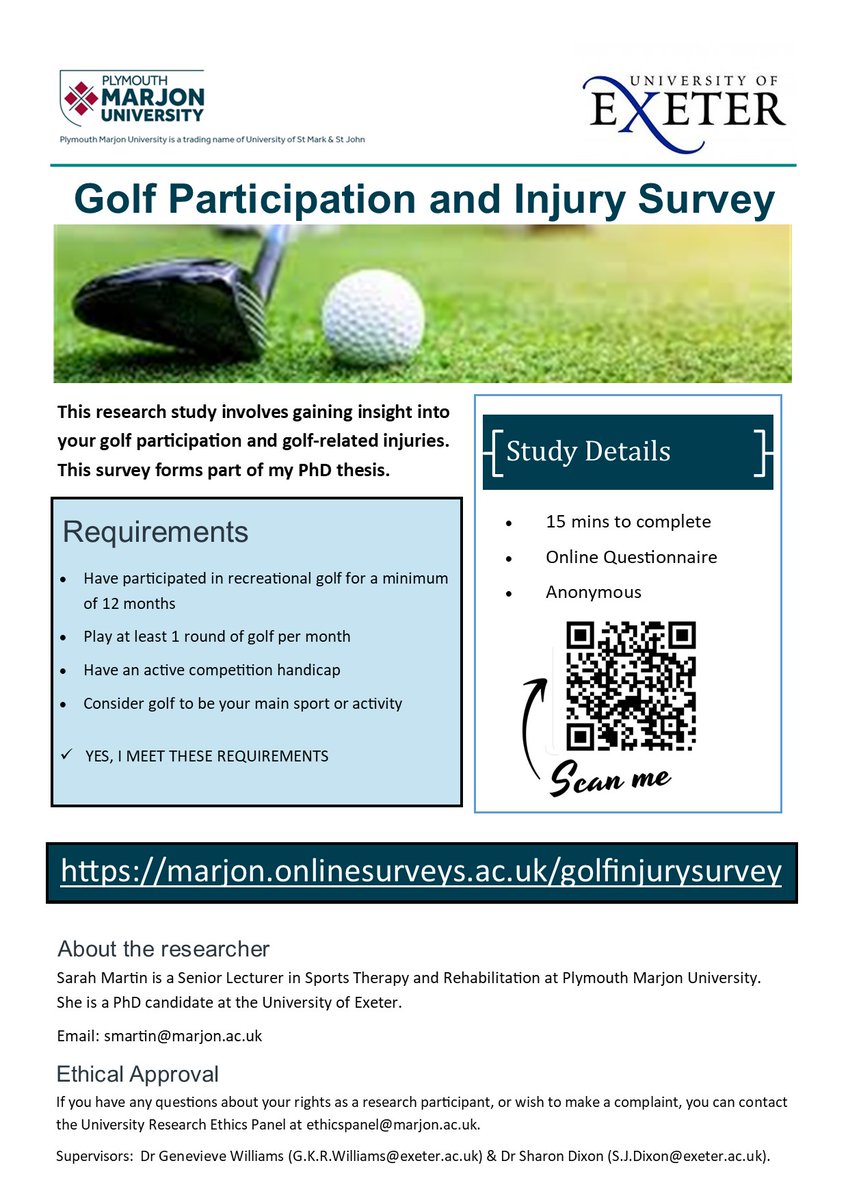 GOLFERS!
I have 10 days left until my PhD survey closes. If anyone could spare me 10 minutes to complete my questionnaire on participation and injuries, I would really appreciate your help for my last push for participants marjon.onlinesurveys.ac.uk/golfinjurysurv…