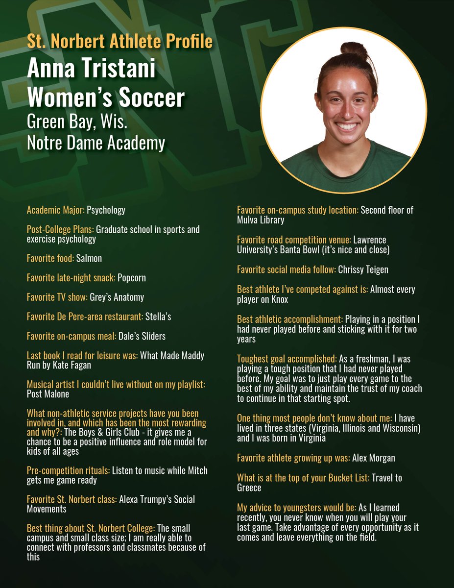sncathletics's tweet image. St. Norbert College Student-Athlete Profile: Women's Soccer - Anna Tristani - Sr. - Green Bay, Wis./Notre Dame Academy
