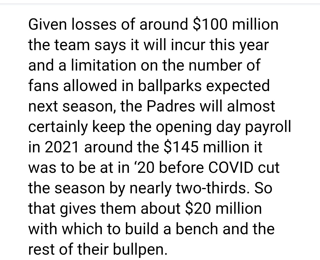 Here's another example of this. When he justifies future scrimping on payroll by claiming the Padres will lose around 100 million this year he's ignoring the context that that "loss" is in projected revenues, not actual cash burn. This is a *HUGE* difference.