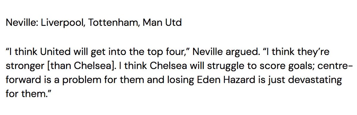 2019/20: predicted fourth, finished third but only just about making top four. Seems fine.  https://www.givemesport.com/1498559-jamie-carragher-and-gary-neville-give-their-201920-premier-league-predictions