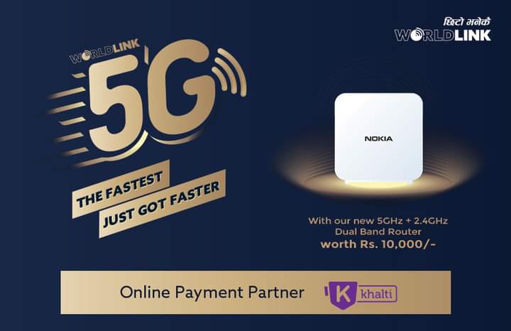 WorldLink_NP's tweet photo. Enjoy Blazing Speed, Seamless Connectivity with WorldLink's 5G Gold Plans with the new Dual Band Router worth Rs. 10,000/-. Also enter the world of Unlimited Entertainment with NETTV Prime. https://t.co/W0Age0vvEF