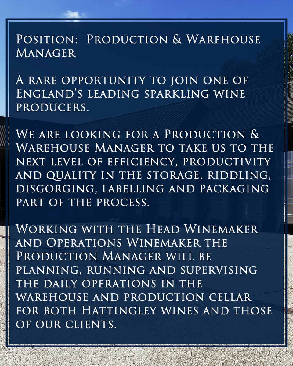We're Hiring!

Production &amp; Warehouse Manager.

A rare opportunity to join one of England’s leading sparkling wine producers. 

Apply via our website. bit.ly/2Z44smD

#sparklingwine #hattingleyvalley