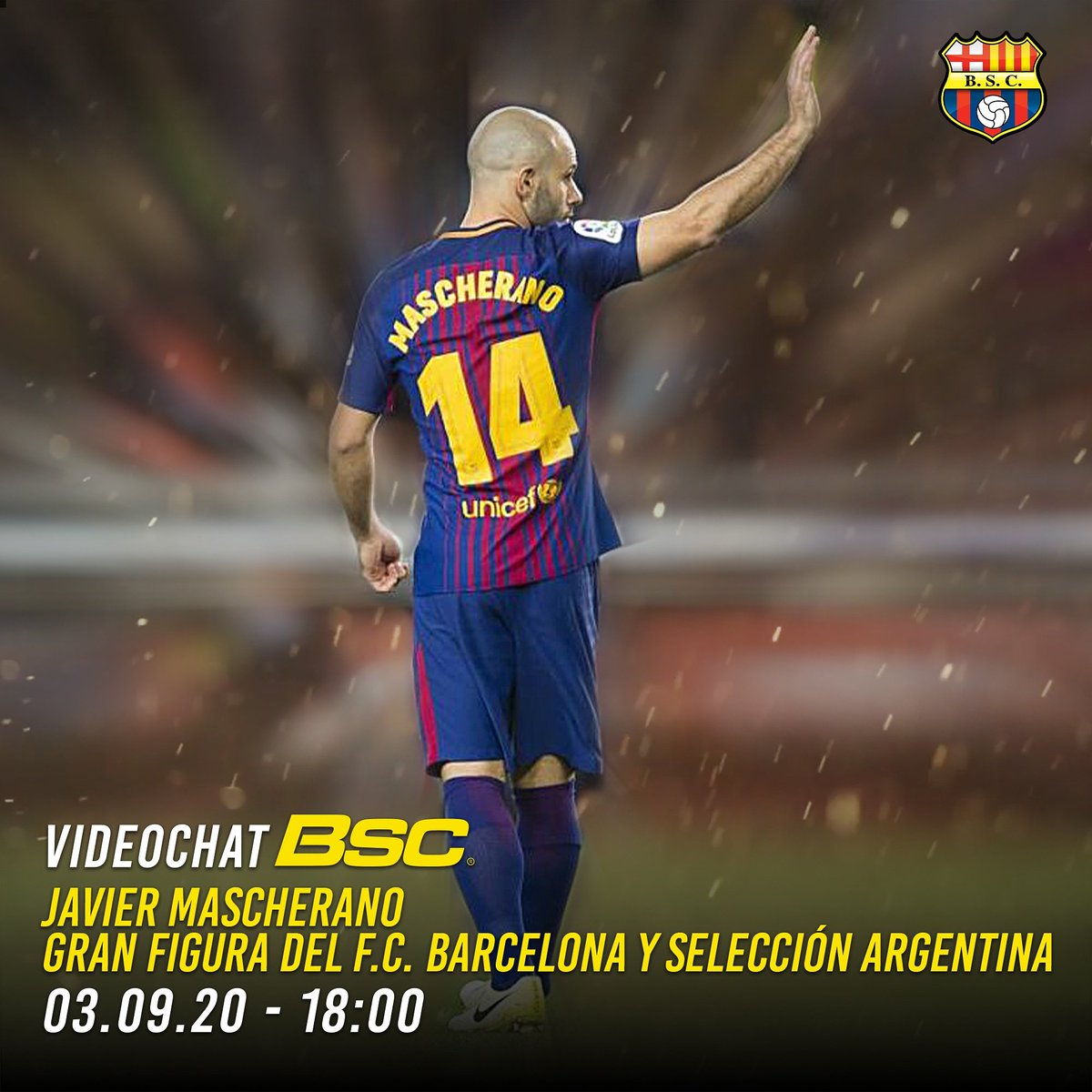 BSCEutimios's tweet photo. #AmarilloDeVerdad tenemos otro #VideoChatBSC de lujo para tí. Campeón en Argentina y Brasil. Multi-campeón de España, Europa y el Mundo a nivel de clubes. El Jefecito. ¡@Mascherano! 👨💻🇦🇷
En vivo HOY jueves 18h00 por las redes BSC 📱💻📺 https://t.co/VACQ2oS2ta