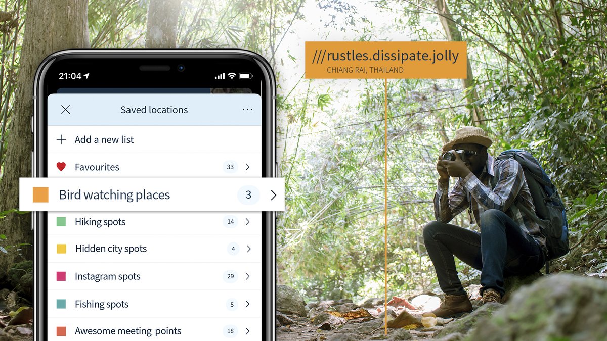 In foreground what3words app is open on iPhone showing results for 'Bird watching places' label. Background; man in forest taking photos.