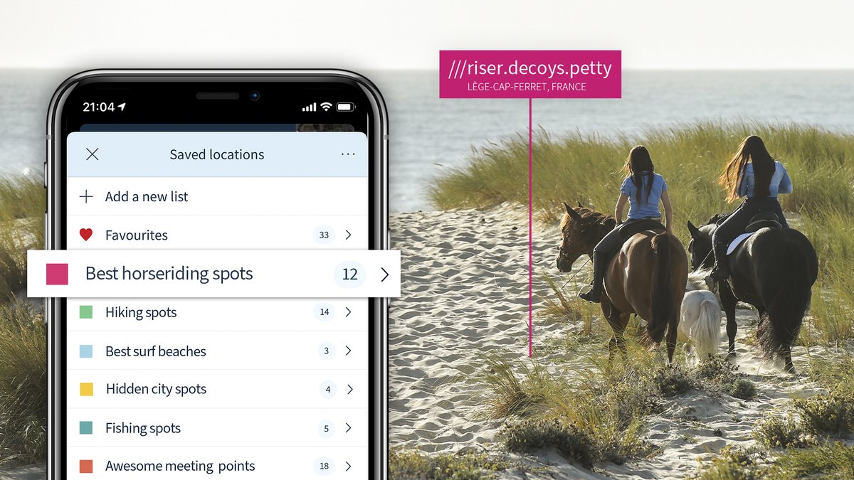 In foreground what3words app is open on iPhone showing results for 'Best horse riding spots' label. Background; women riding horses on beach.