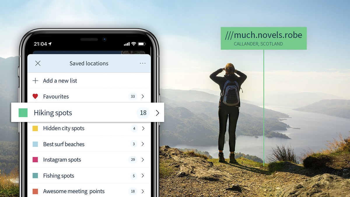 In foreground what3words app is open on iPhone showing results for 'Hiking spots' label. Background; woman on top of mountain overlooking a lake.