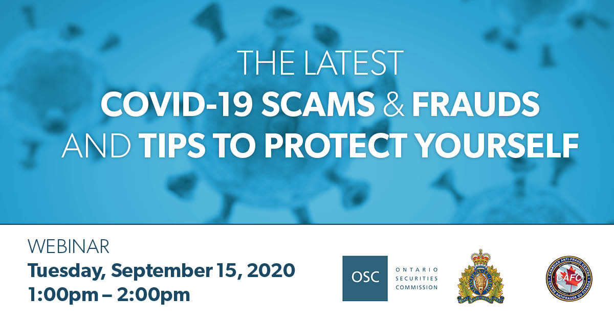 canantifraud's tweet photo. Time is running out! The #COVID19 scams and frauds webinar is tomorrow! Join your host @smarter_money and guest speakers @rcmpgrcpolice and the CAFC for a free webinar about the latest scams and frauds and tips on how to protect yourself. Register now: https://t.co/AMRKt2H49y https://t.co/m79fCzfJYm