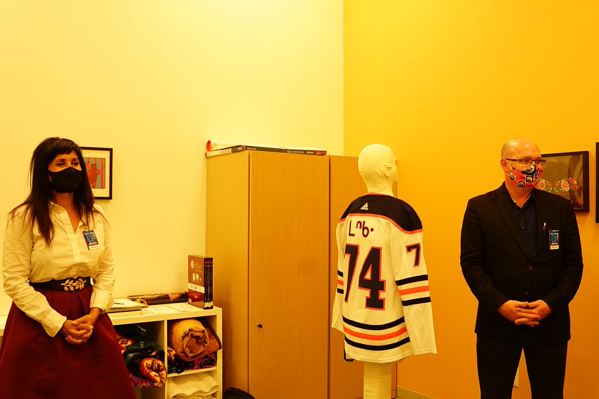 LeelaAheer's tweet photo. Popped into the @RoyalAlberta to see some of the new items in their collection, including an Ethan Bear @EdmontonOilers jersey in Cree &amp; COVID related memorabilia. It’s important that we document this time so we can share the story with future generations. #ABheritage #ABhistory https://t.co/HCBd39UcLN