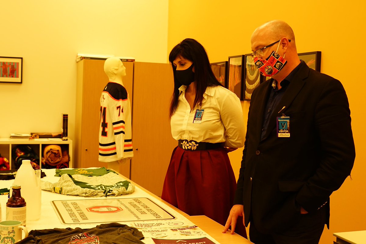LeelaAheer's tweet photo. Popped into the @RoyalAlberta to see some of the new items in their collection, including an Ethan Bear @EdmontonOilers jersey in Cree &amp; COVID related memorabilia. It’s important that we document this time so we can share the story with future generations. #ABheritage #ABhistory https://t.co/HCBd39UcLN