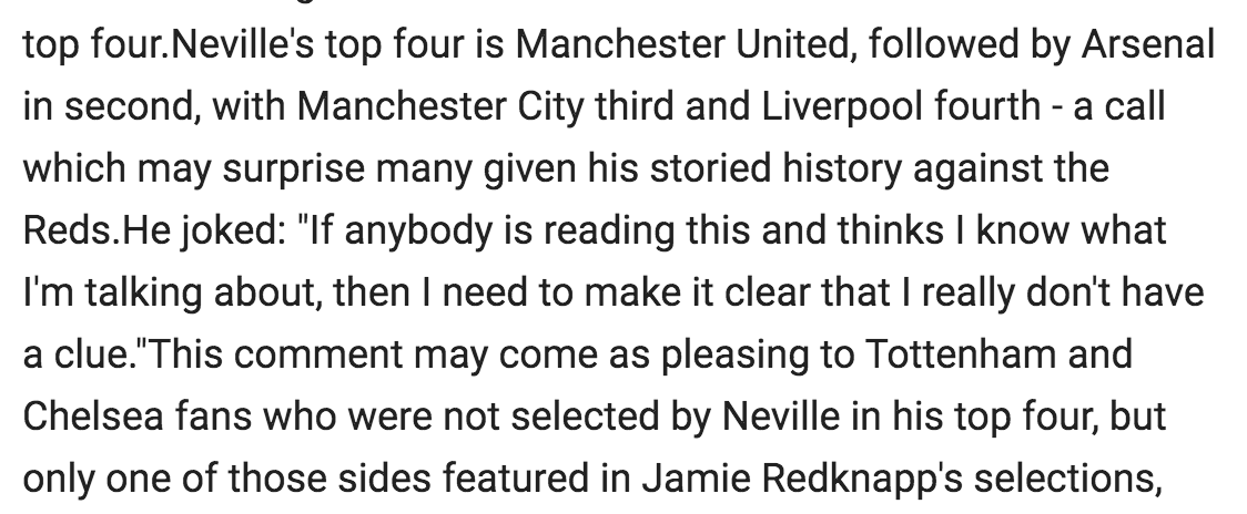 2016/17: predicted, at a push, first, ended up finishing sixth.  https://tribuna.com/en/manutd/news/2020-05-29-gary-neville-and-jamie-redknapp-predict-their-premier-league-201617-top-four/