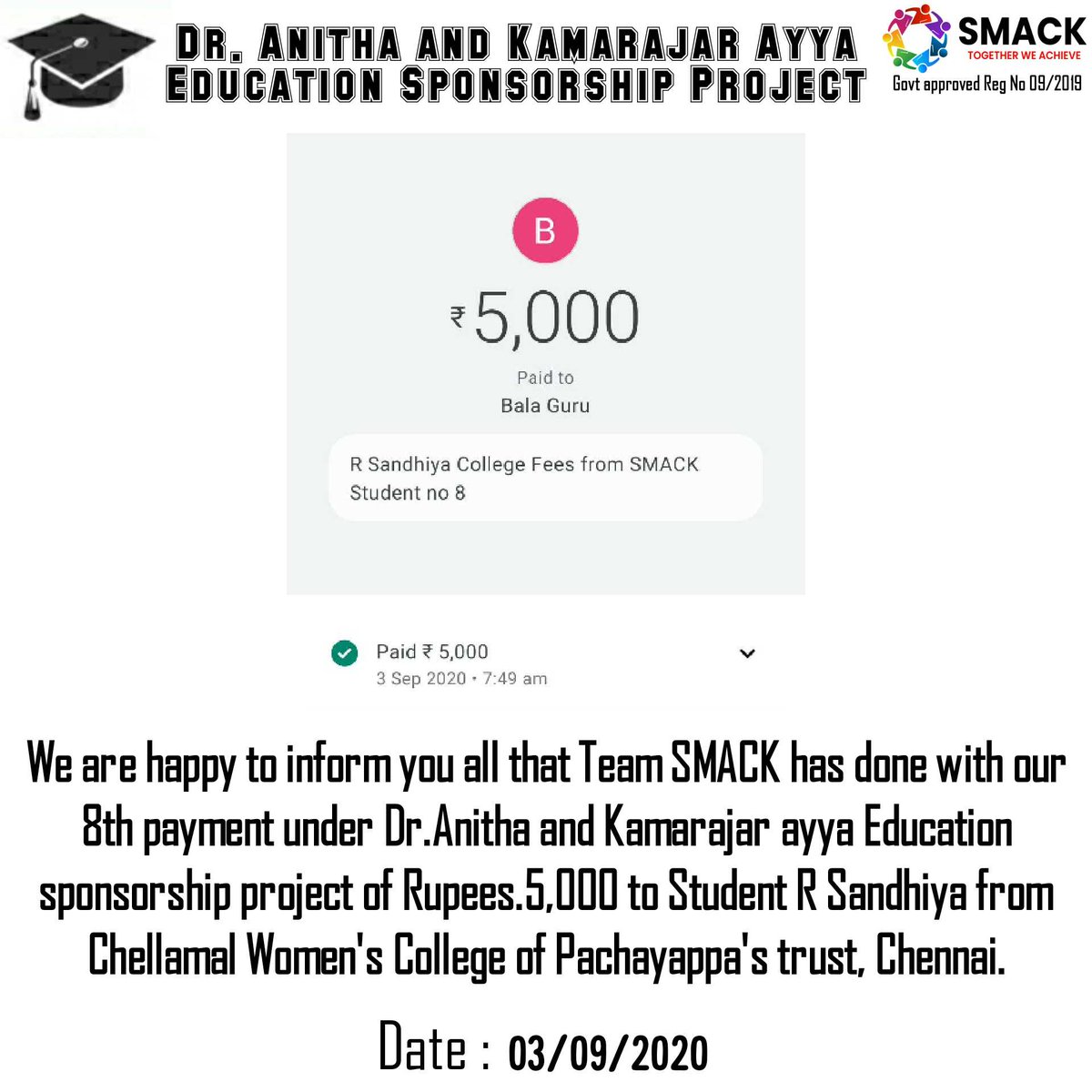 SMACK_TWA's tweet photo. டாக்டர் அனிதா மற்றும் காமராஜர் ஐயா கல்வி உதவி திட்டத்தின் கீழ், இன்று எட்டாவதாக மாணவி சந்தியாவிற்கு கல்வி கட்டணமாக ரூபாய்.5,000 கல்வி உதவி தொகை அளிக்கப்பட்டது. கரம் கொடுப்போம் அறம் செய்ய♥️🤝.
#dranithaandkamarajarayyaeducationsponsorshipproject
#smackngo
#smackteam
@SMACK_TWA https://t.co/IgrZzOhiRa