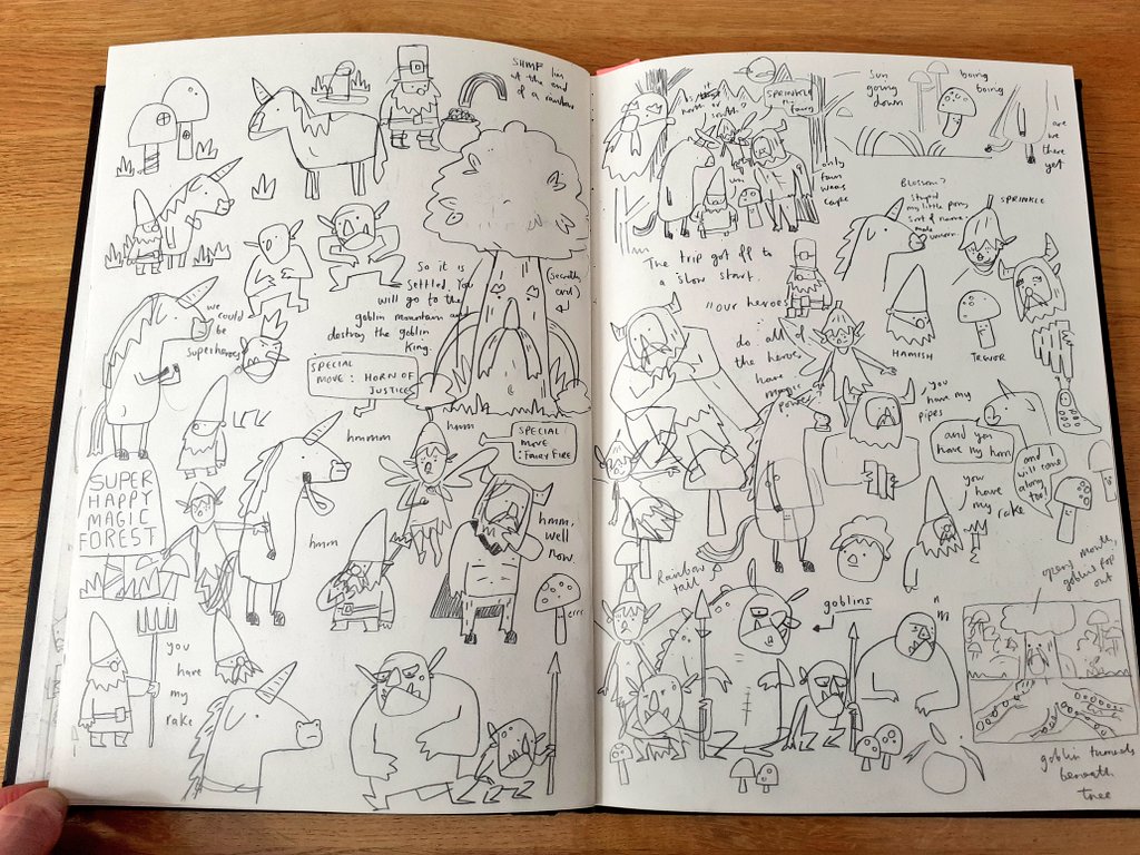 I didn't have much confidence in the tree idea and instead started doodling stuff that would eventually become SHMF. This is the double page where the idea was born and I always like to show it to kids on school visits 