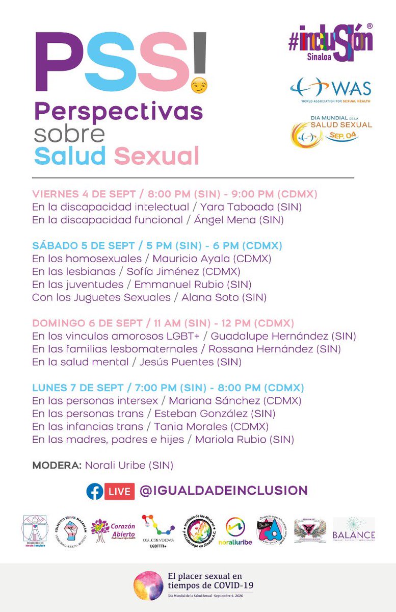 InclusionSinalo's tweet photo. Nuestros diálogos por el #DíaMundialdelaSaludSexual2020: Diferentes perspectivas en diferentes escenarios y realidades.

Nos vemos del viernes 4 al lunes 7 de septiembre 😎 por  #FacebookLive 

#DMSS2020 #PlacerSexualCovid #pleasurematters #sexysafersex #pleasureisprogress #LGBT https://t.co/oAFeL2kQ2Y