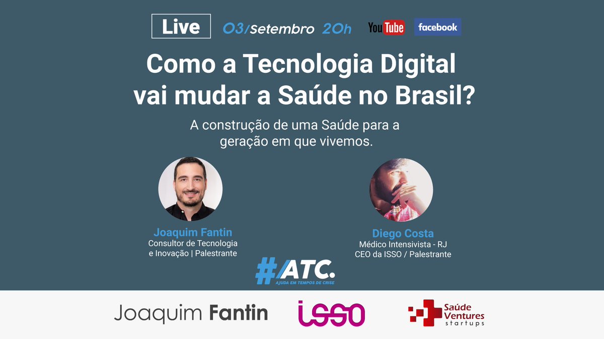 joaquimfantin's tweet photo. Live (03/Set) - Quinta-feira - 20h00

Como a Tecnologia Digital vai mudar a Saúde no Brasil?

Youtube: https://t.co/V2W3LuuLxM 

#AjudaEmTemposDeCrise

#Tecnologia #Inovacao #Mentoria #Startups #Transformacao #Digital #CTOasaService #Palestras #Empreendedorismo #JoaquimFantin https://t.co/PGKwC1lWGc