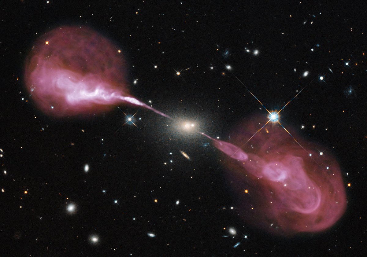 3/ Those jets can travel outwards for *millions* of light years, thin beams that slow to a stop and puff out like a god's own Q-tip. Here's Hercules-A, showing that phenomenon. The galaxy itself is the teeny blob on the center.