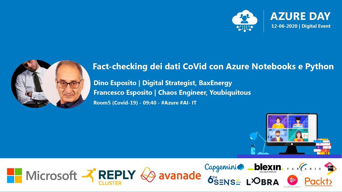 azuredayit's tweet photo. Azure Day Rome 2020: Fact-checking dei dati CoVid con Azure Notebooks e Python
#DotNetCode #Azure #Cloud #SoftwareEngineering https://t.co/MYIGlk4F1z https://t.co/B2xg98LZDt