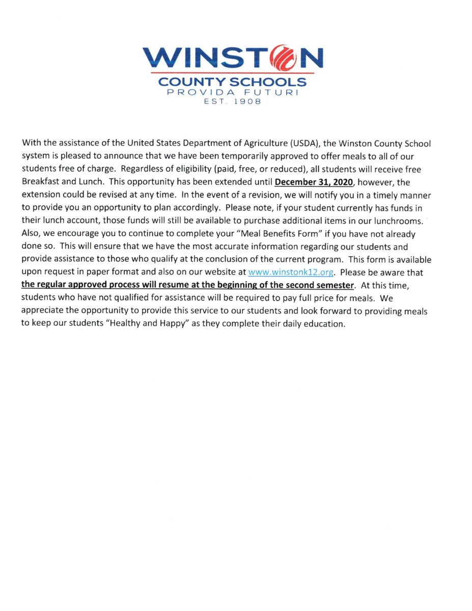 Exciting news for Winston County School students and parents regarding free lunches! Please read and share!