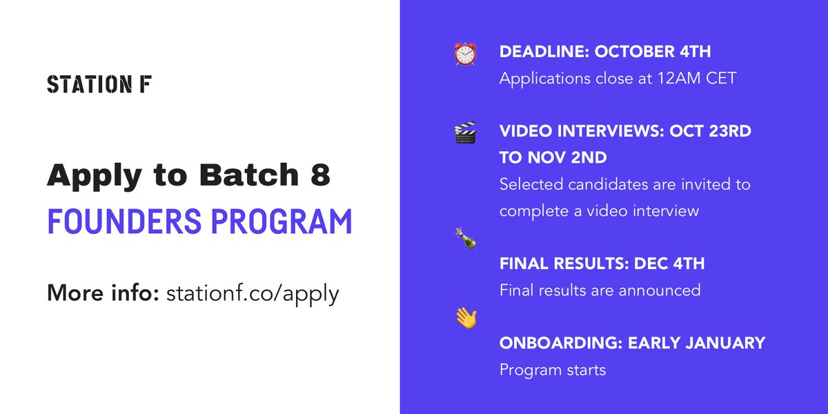 joinstationf's tweet photo. Applications for Batch 8 of STATION F's Founders Program are now open 🚀
Learn more and apply before Oct 4th: https://t.co/bXDX3WkyjP https://t.co/eFHscClg46