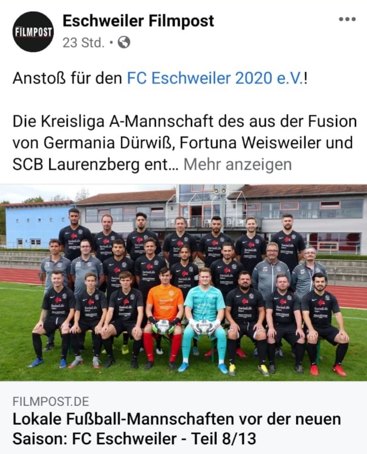 fceschweiler20's tweet photo. Unsere erste Mannschaft wird in der aktuellen Ausgabe der Eschweiler Filmpost vorgestellt. #fce #fce2020 #fceschweiler https://t.co/y9xDWg92VZ