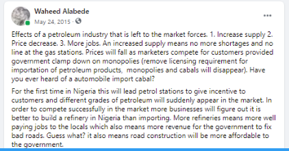 There are many benefits that comes from the removal of subsidy. I will not go into details on them but see below my comment on Facebook in 2015. I will move straight to job creation This is what I wrote in 2015 on Facebook -