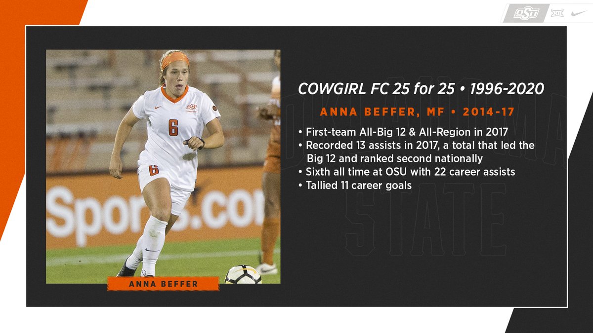 CowgirlFC's tweet photo. We're back with our celebration of the top 2⃣5⃣ Cowgirls in program history, and it's time for the midfielders. First up is @AnnaBeffer18 #OneMore #GoPokes #okstate https://t.co/7i3szUkwt3