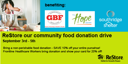 STARTING TODAY! Help our Niagara #HabitatReStores “ReStore” our community by participating in a food donation drive while getting a discount on your ReStore purchase! ow.ly/s2Uv50B8YmE