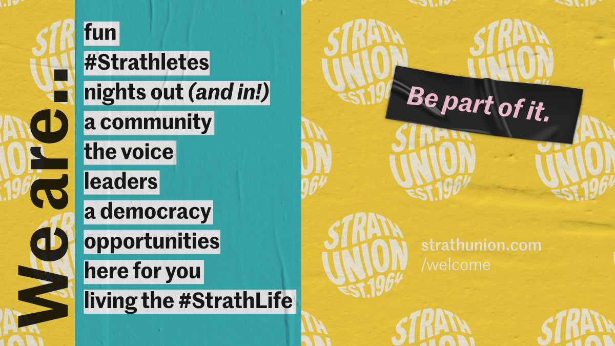 StrathUnion's tweet photo. We are your Studentsβ Union. Welcome to Strathclyde π
Learn what we do here - https://t.co/LqfQ6Zr3jZ
#StrathWelcome #StrathLife https://t.co/GhsB1DX0AU