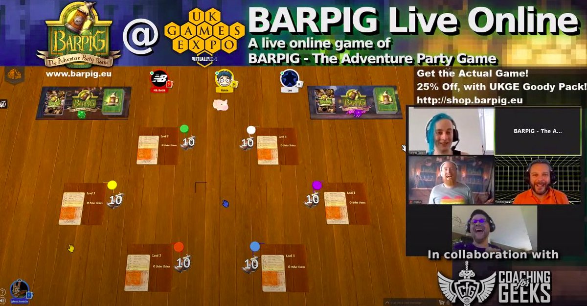 BaRPiGgame's tweet photo. Another epic game of #BARPIG in the #Tavern @UKGamesExpo! Shout out to guest players Jared, Lee, and Robin (@CoachingGeeks)
#Replay available: https://t.co/yU0HiAvBWc
#boardgamegeek #boardgame #tabletopgame #game #gaming #partygame #gamedev #indiegame #boardgamecon #ukge #ukgame https://t.co/84CYnOzvrY