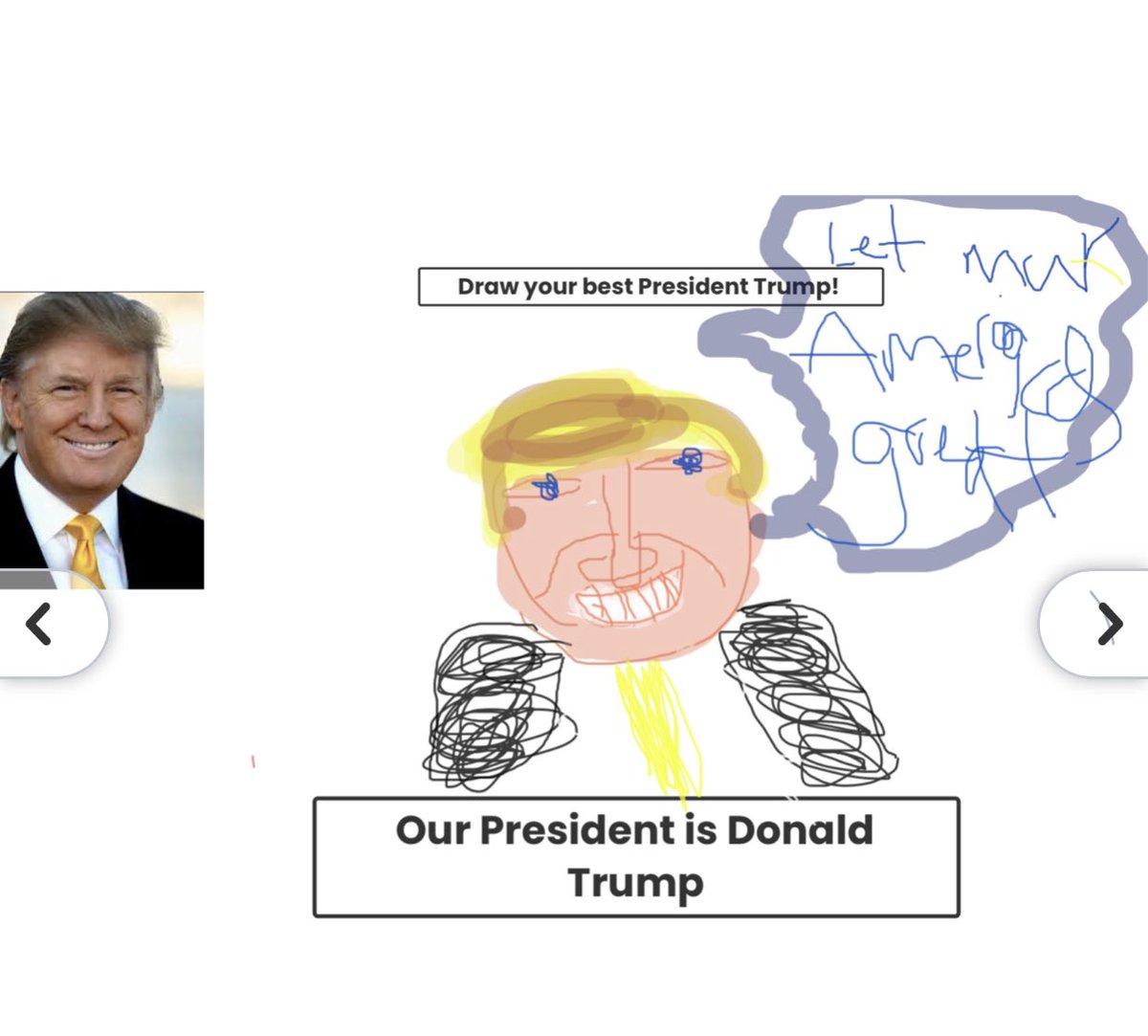 MediaLab_NPS's tweet photo. When you have your first graders learn about the responsibilities of the president! Love this drawing #iteach #firstweek #littleartists @realDonaldTrump https://t.co/YOFqzwQP29